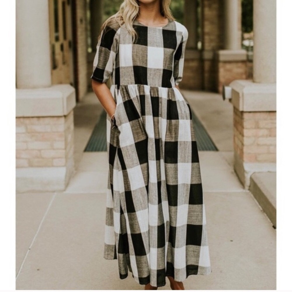 Roolee Black and White Checkered Midi Dress